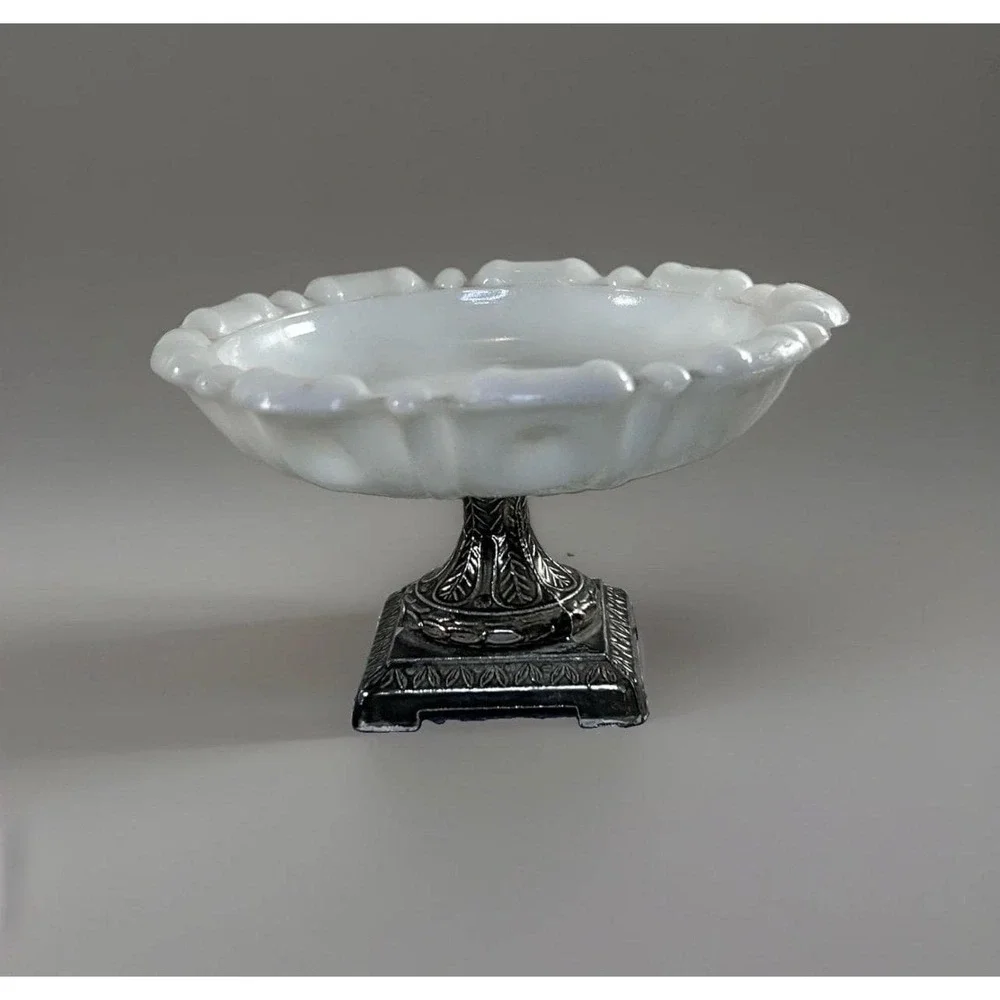 Vintage pedestal dish white glass metal footed soap trinket tray